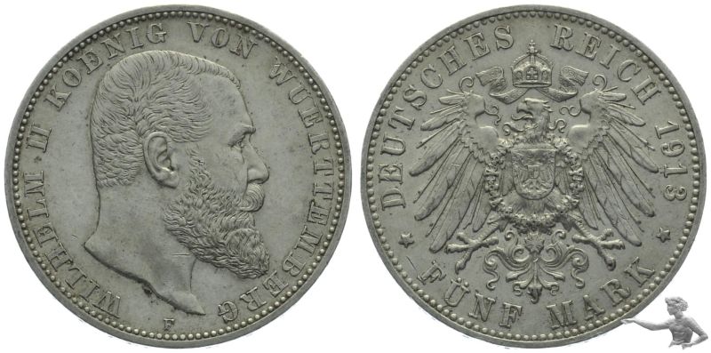 Württemberg 5 Mark 1913 F